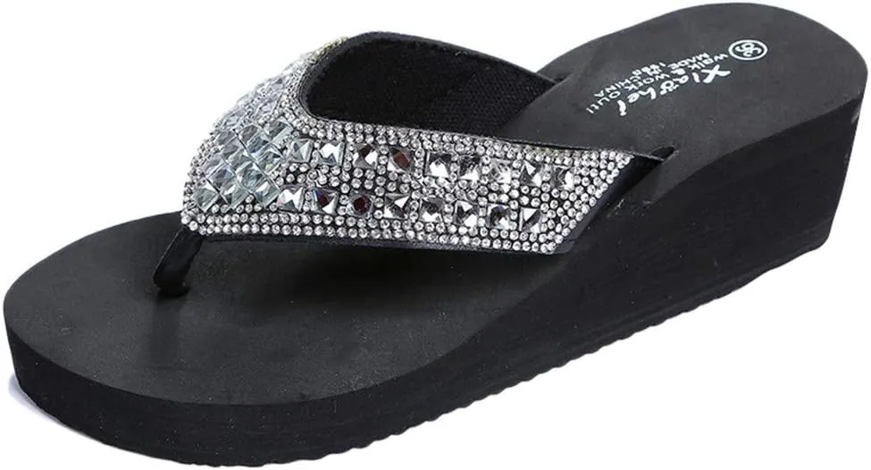 2007 Women's Wedge Sandals Rhinestone Thong Platform Flip Flops, Summer Roman Comfort Sandals Flat Slippers Slide T-strap Sandals