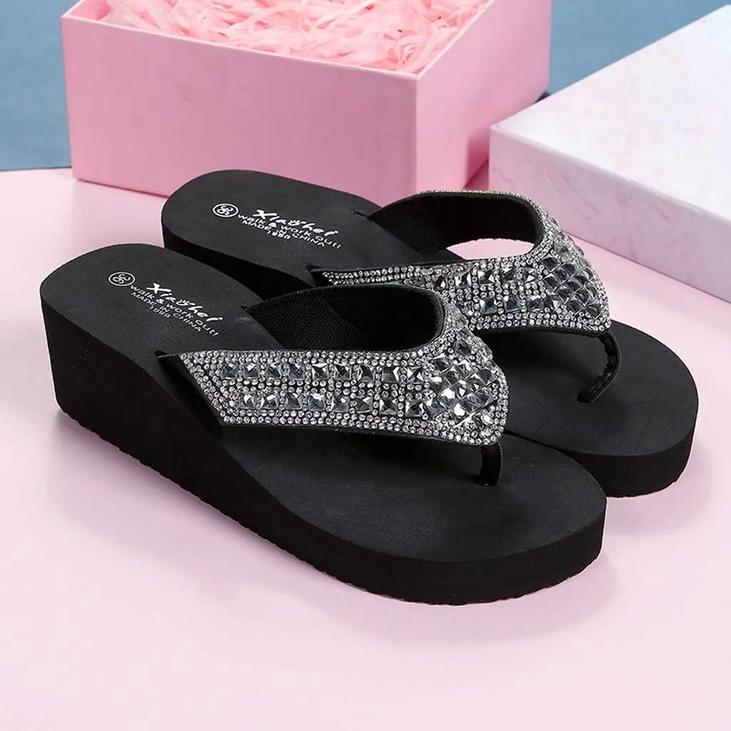 2007 Women's Wedge Sandals Rhinestone Thong Platform Flip Flops, Summer Roman Comfort Sandals Flat Slippers Slide T-strap Sandals