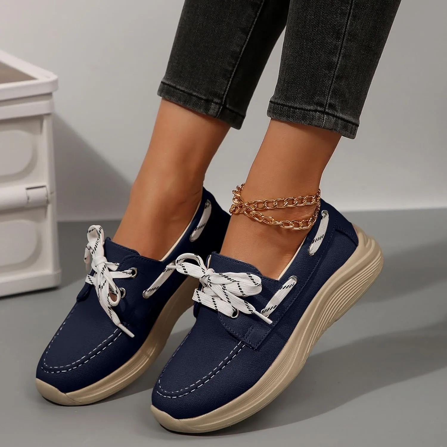 2025 Women's Canvas Slip On Shoes Lace Up Sneakers Slip On Low Top Arch Support Walking Loafers Orthopedic Non Slip Closed Toe Running Casual Boat Shoes Soft Tennis Shoe for Daily Wear