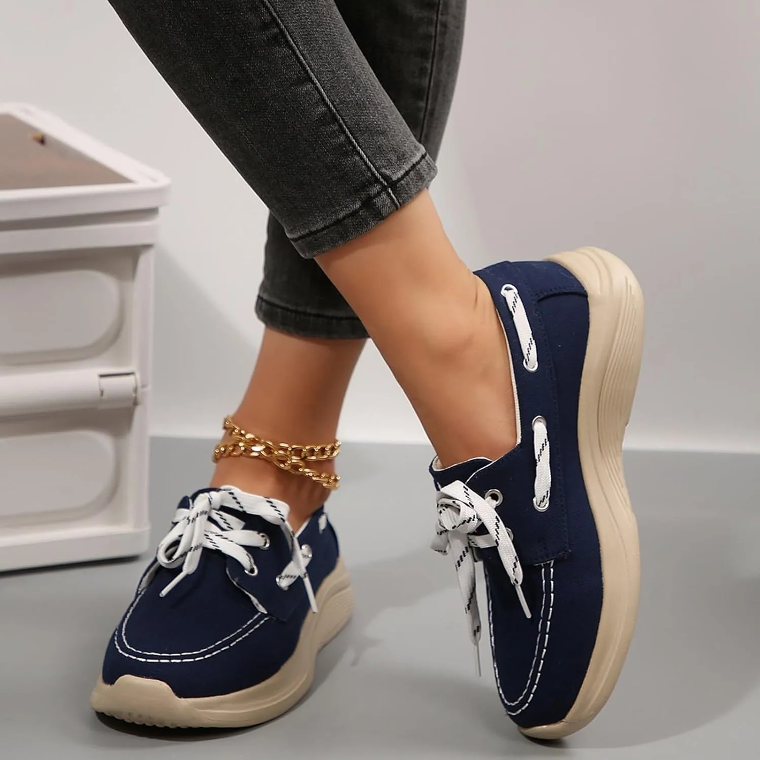 2025 Women's Canvas Slip On Shoes Lace Up Sneakers Slip On Low Top Arch Support Walking Loafers Orthopedic Non Slip Closed Toe Running Casual Boat Shoes Soft Tennis Shoe for Daily Wear