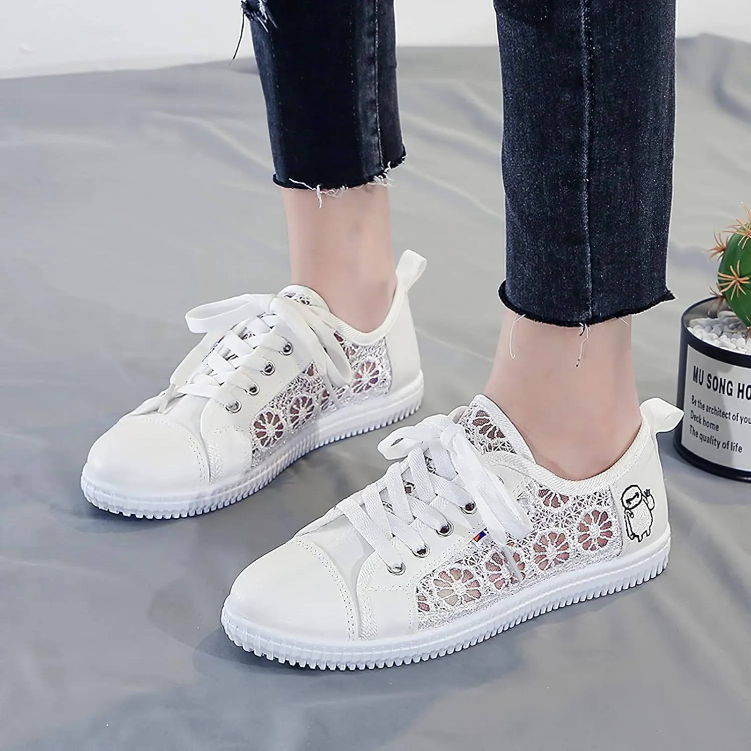 ANUFER Women Girls Summer Embroidery Lace Plimsolls Trainers Lace Up Mesh Sneakers Shoes