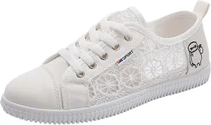 ANUFER Women Girls Summer Embroidery Lace Plimsolls Trainers Lace Up Mesh Sneakers Shoes