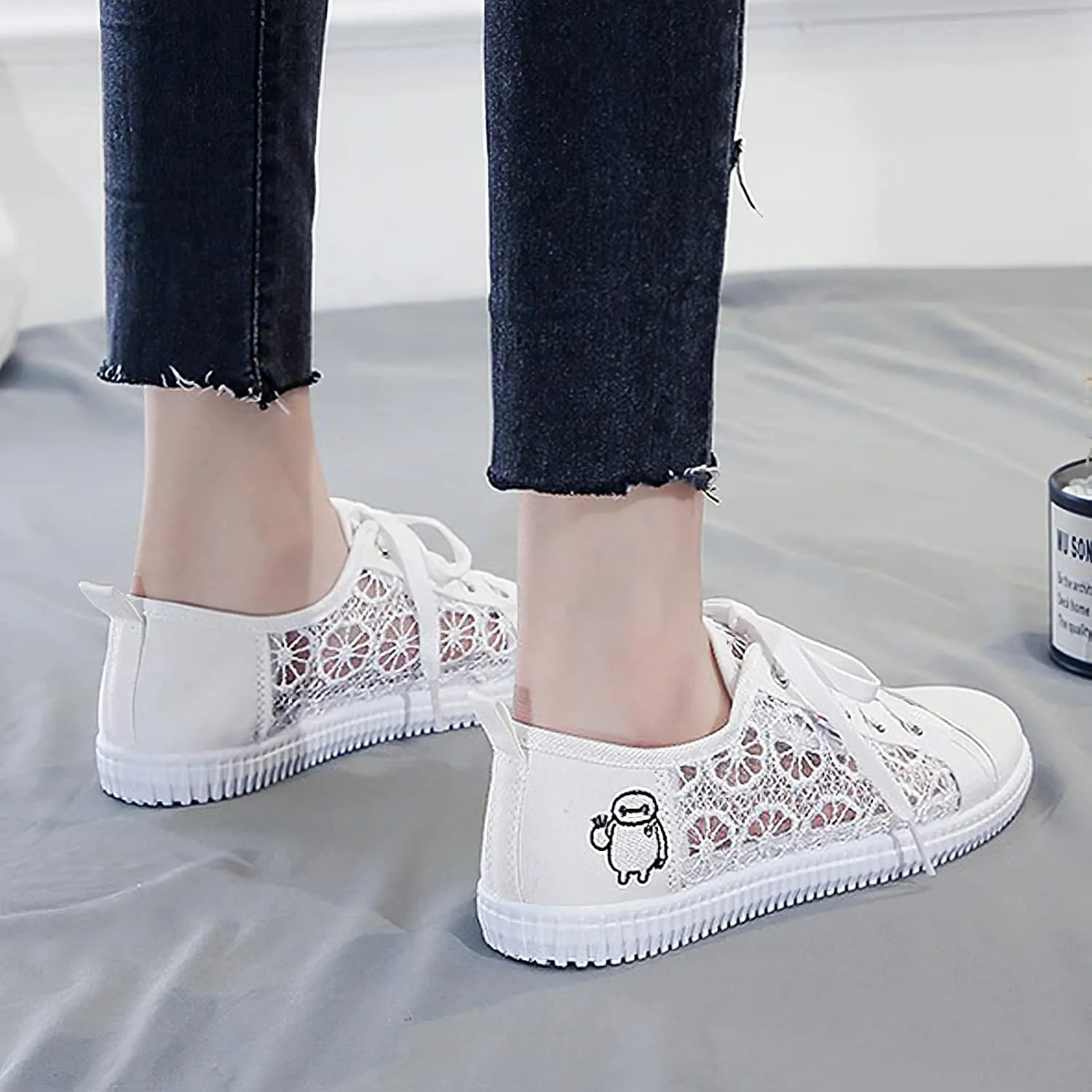 ANUFER Women Girls Summer Embroidery Lace Plimsolls Trainers Lace Up Mesh Sneakers Shoes