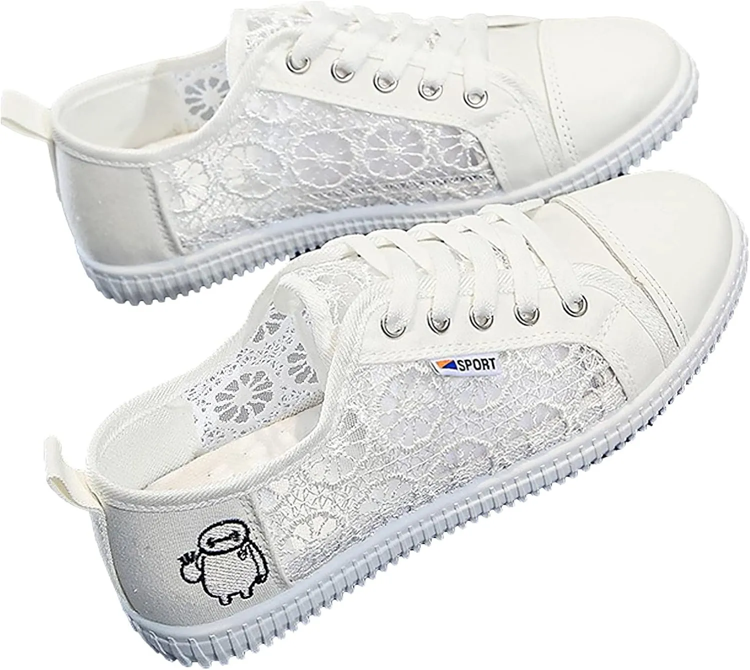 ANUFER Women Girls Summer Embroidery Lace Plimsolls Trainers Lace Up Mesh Sneakers Shoes