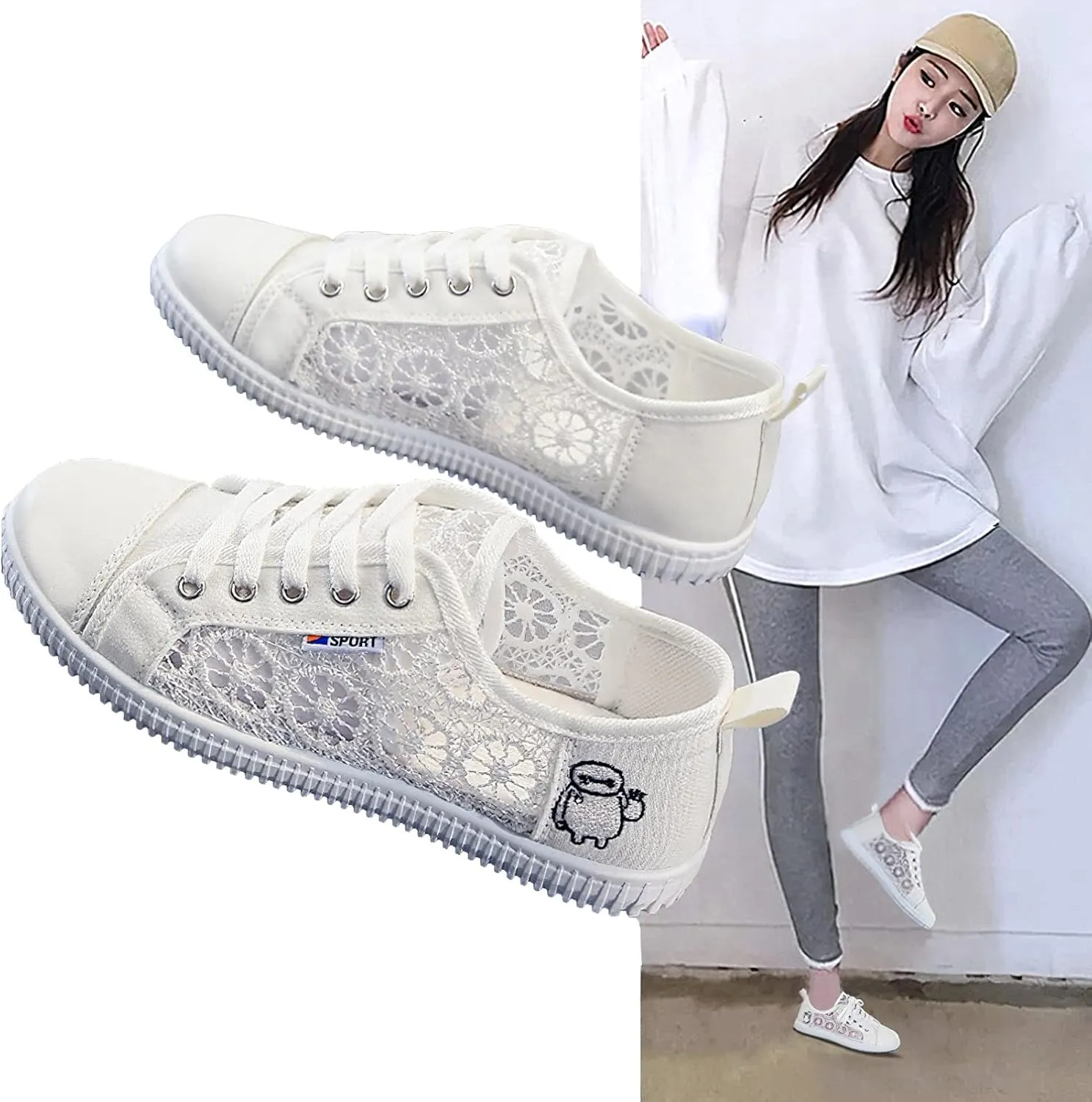ANUFER Women Girls Summer Embroidery Lace Plimsolls Trainers Lace Up Mesh Sneakers Shoes