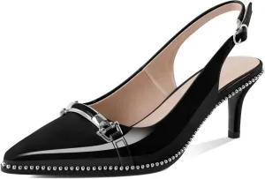 AUMOTED Womens Beaded Pumps Trendy Stiletto Low Heels Pointed Toe Slingback Strap with Adjustabe for Casual Work Daily Patent Leather Black US Size 10