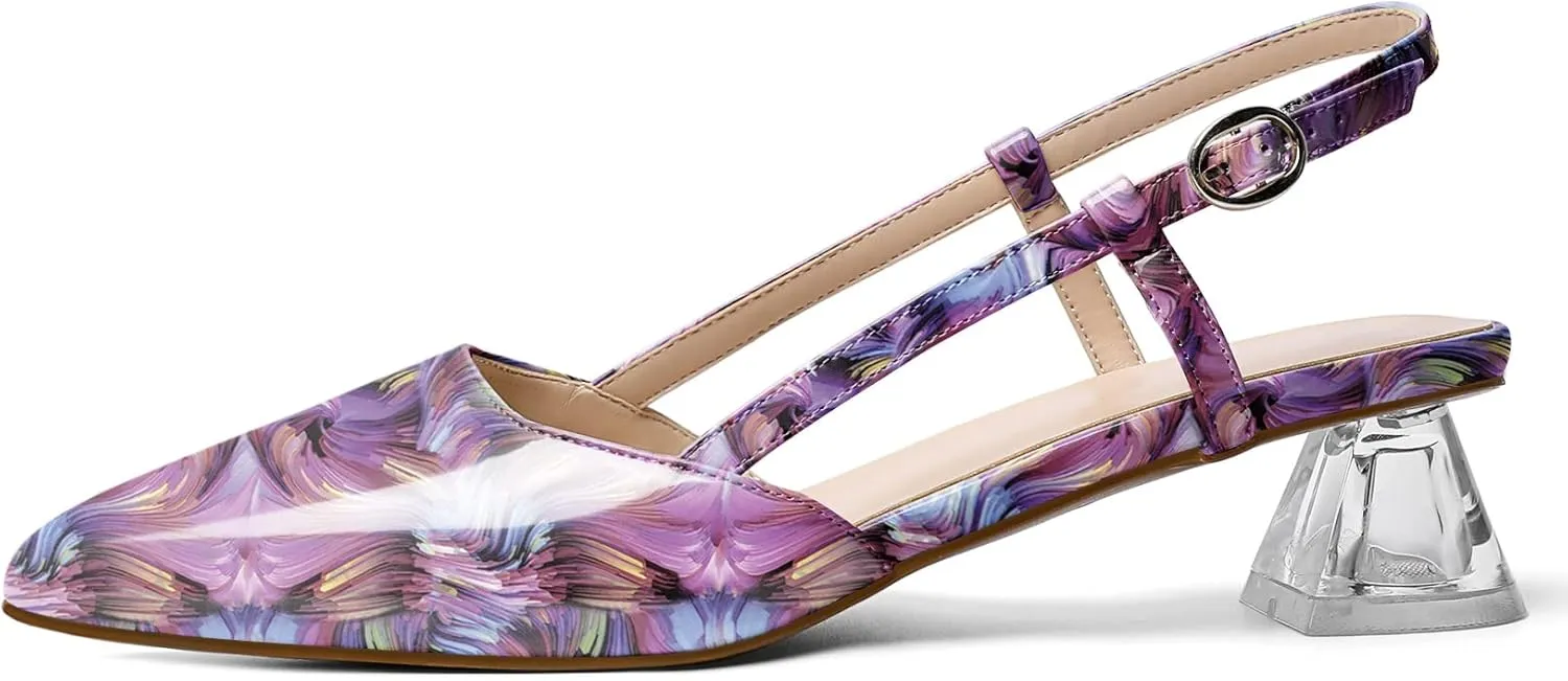 AUMOTED Women's Block Heel Pumps Slingback Pointed Toe Heels with Adjustable Strap Mid Low Heeled Dress Shoes for Ladies Wedding Party Office Evening 1.6 Inch