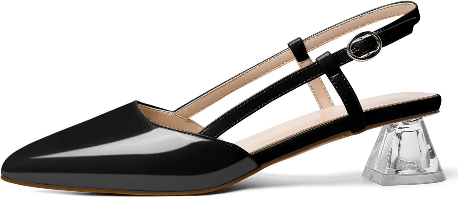 AUMOTED Women's Block Heel Pumps Slingback Pointed Toe Heels with Adjustable Strap Mid Low Heeled Dress Shoes for Ladies Wedding Party Office Evening 1.6 Inch