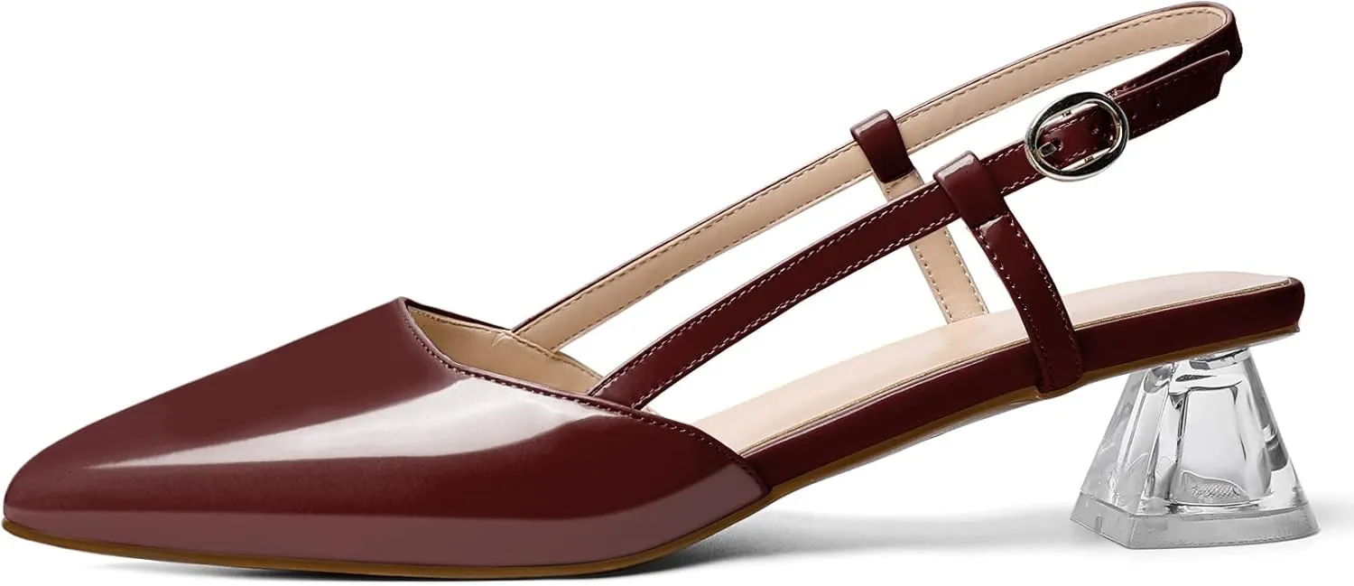 AUMOTED Women's Block Heel Pumps Slingback Pointed Toe Heels with Adjustable Strap Mid Low Heeled Dress Shoes for Ladies Wedding Party Office Evening 1.6 Inch