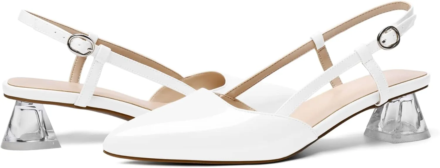 AUMOTED Women's Block Heel Pumps Slingback Pointed Toe Heels with Adjustable Strap Mid Low Heeled Dress Shoes for Ladies Wedding Party Office Evening 1.6 Inch