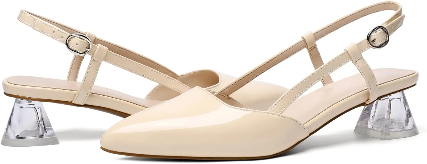AUMOTED Women's Block Heel Pumps Slingback Pointed Toe Heels with Adjustable Strap Mid Low Heeled Dress Shoes for Ladies Wedding Party Office Evening 1.6 Inch