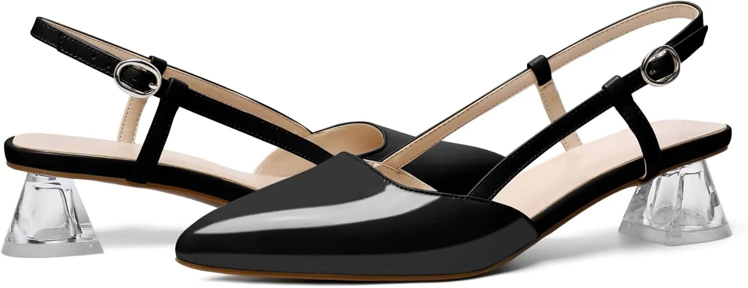 AUMOTED Women's Block Heel Pumps Slingback Pointed Toe Heels with Adjustable Strap Mid Low Heeled Dress Shoes for Ladies Wedding Party Office Evening 1.6 Inch