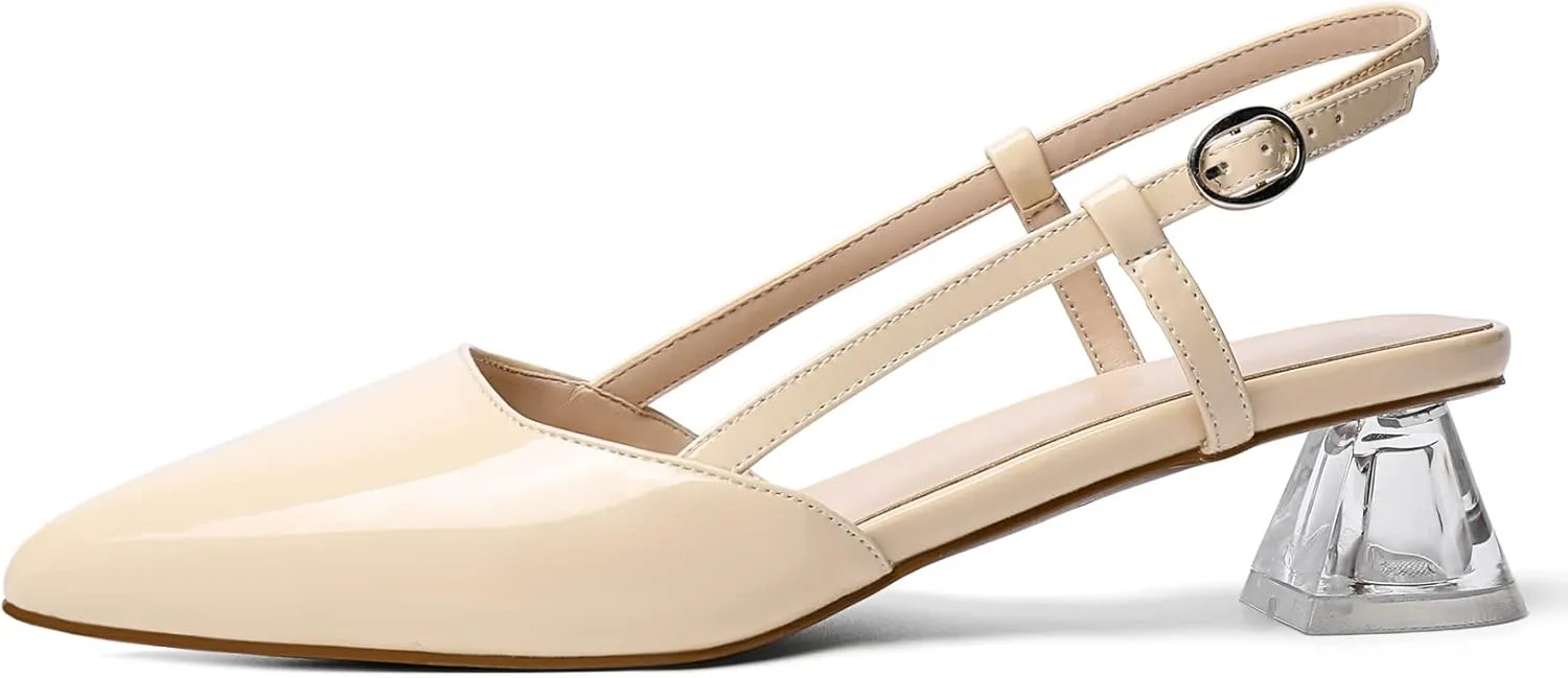 AUMOTED Women's Block Heel Pumps Slingback Pointed Toe Heels with Adjustable Strap Mid Low Heeled Dress Shoes for Ladies Wedding Party Office Evening 1.6 Inch