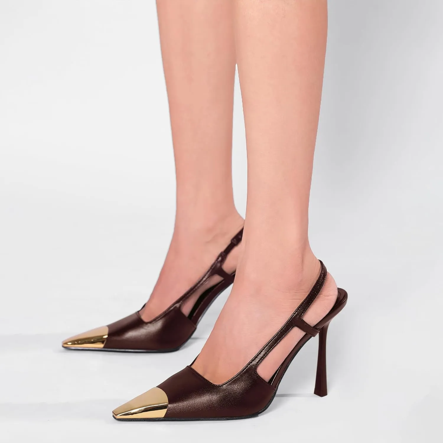Black Slingback High Heels for Women Metal Pointed Toe Stiletto Heels Closed Toe Pumps Patent Leather Dress High Heels