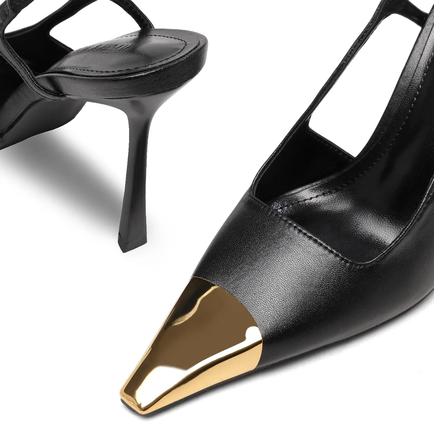 Black Slingback High Heels for Women Metal Pointed Toe Stiletto Heels Closed Toe Pumps Patent Leather Dress High Heels