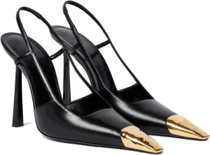 Black Slingback High Heels for Women Metal Pointed Toe Stiletto Heels Closed Toe Pumps Patent Leather Dress High Heels