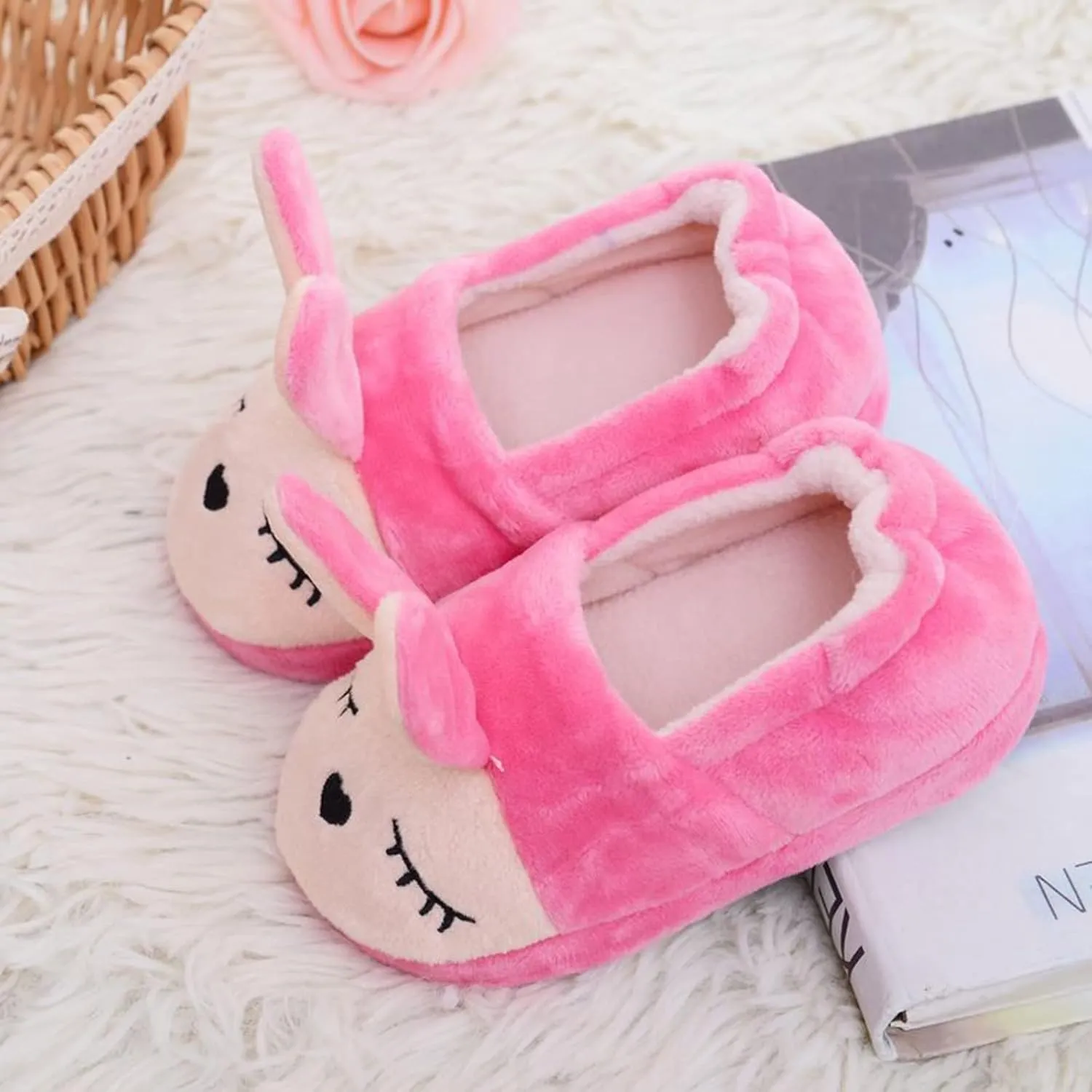 Boys Girls Plush Warm Cute Bunny House Slippers Fuzzy Indoor Bedroom Shoes Animal Soft Cozy Cute Cartoon Plush Anti-Slip Shoes for Toddler Kids