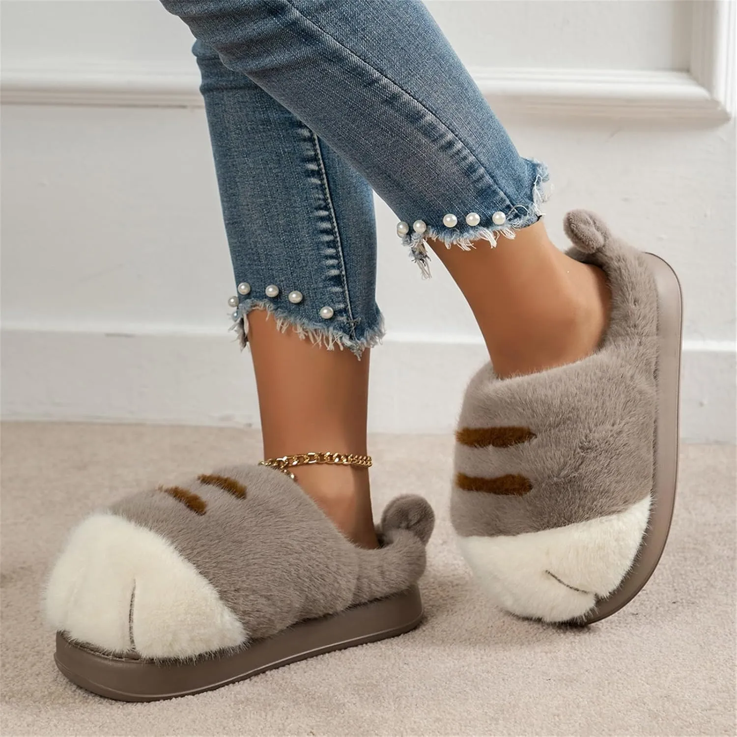 Cat Paw Slippers, Cat Slippers for Women 3D Cat Paw Cartoon Slipper Warm Fluffy Furry Winter Indoor Outdoor Slides
