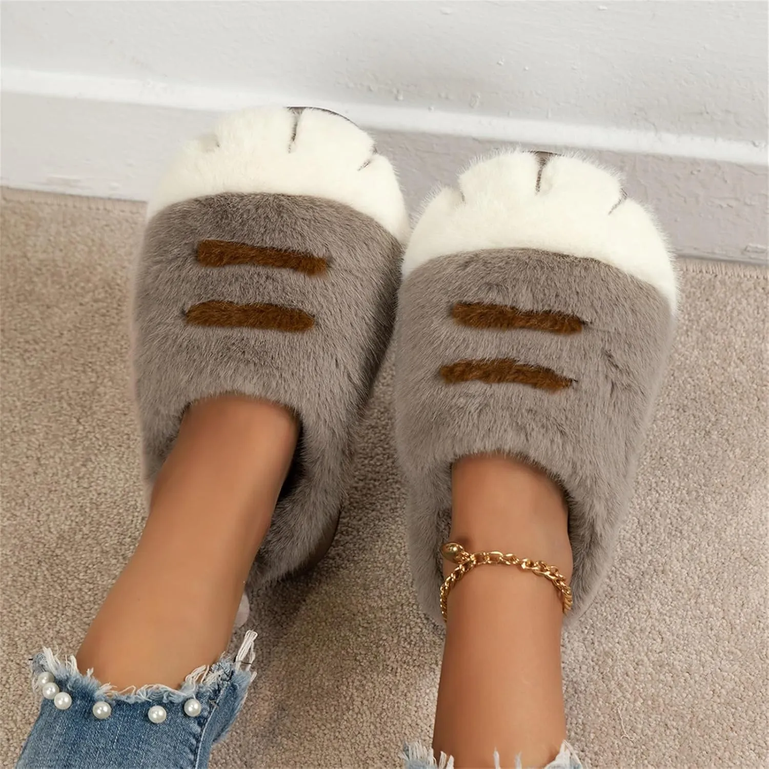 Cat Paw Slippers, Cat Slippers for Women 3D Cat Paw Cartoon Slipper Warm Fluffy Furry Winter Indoor Outdoor Slides