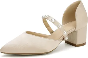 Closed Toe Pearl Low Block Heels Wedding Shoes for Bride Chunky Heels Pumps for Women Bridal Shoes for Wedding