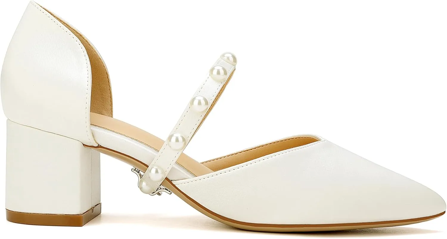 Closed Toe Pearl Low Block Heels Wedding Shoes for Bride Chunky Heels Pumps for Women Bridal Shoes for Wedding