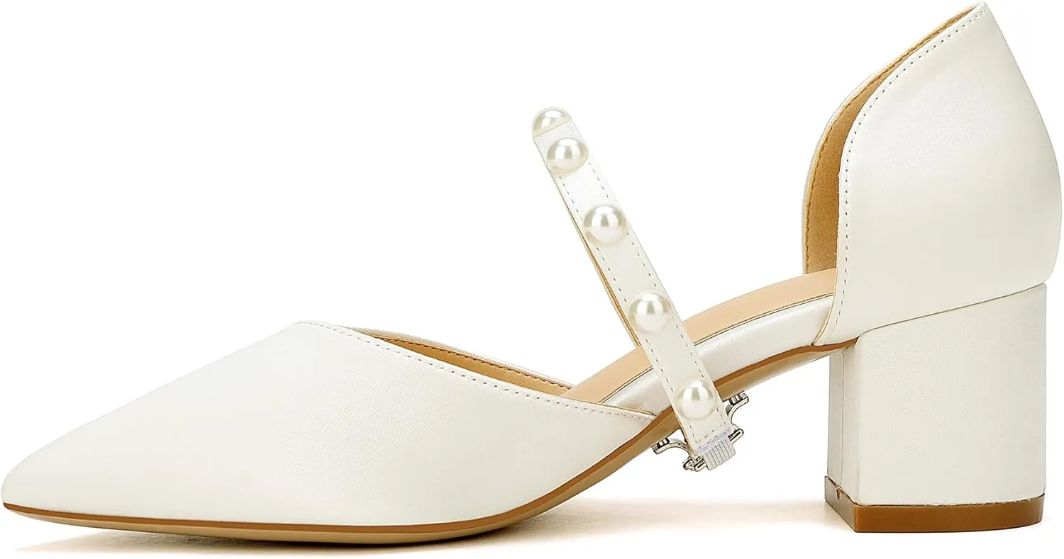 Closed Toe Pearl Low Block Heels Wedding Shoes for Bride Chunky Heels Pumps for Women Bridal Shoes for Wedding