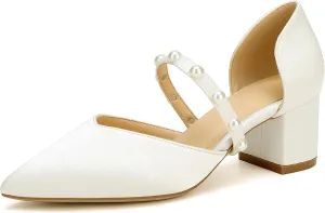 Closed Toe Pearl Low Block Heels Wedding Shoes for Bride Chunky Heels Pumps for Women Bridal Shoes for Wedding