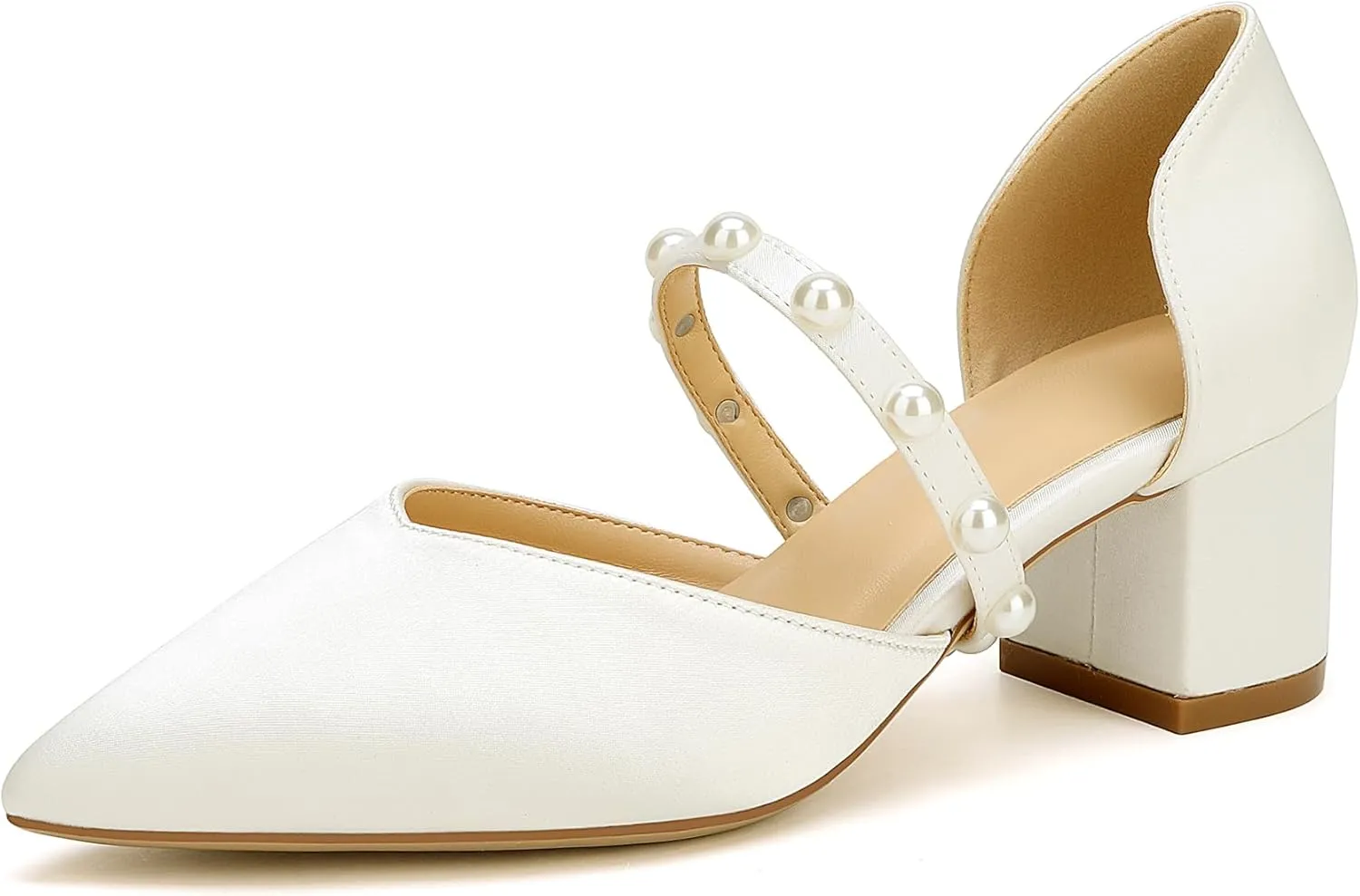 Closed Toe Pearl Low Block Heels Wedding Shoes for Bride Chunky Heels Pumps for Women Bridal Shoes for Wedding