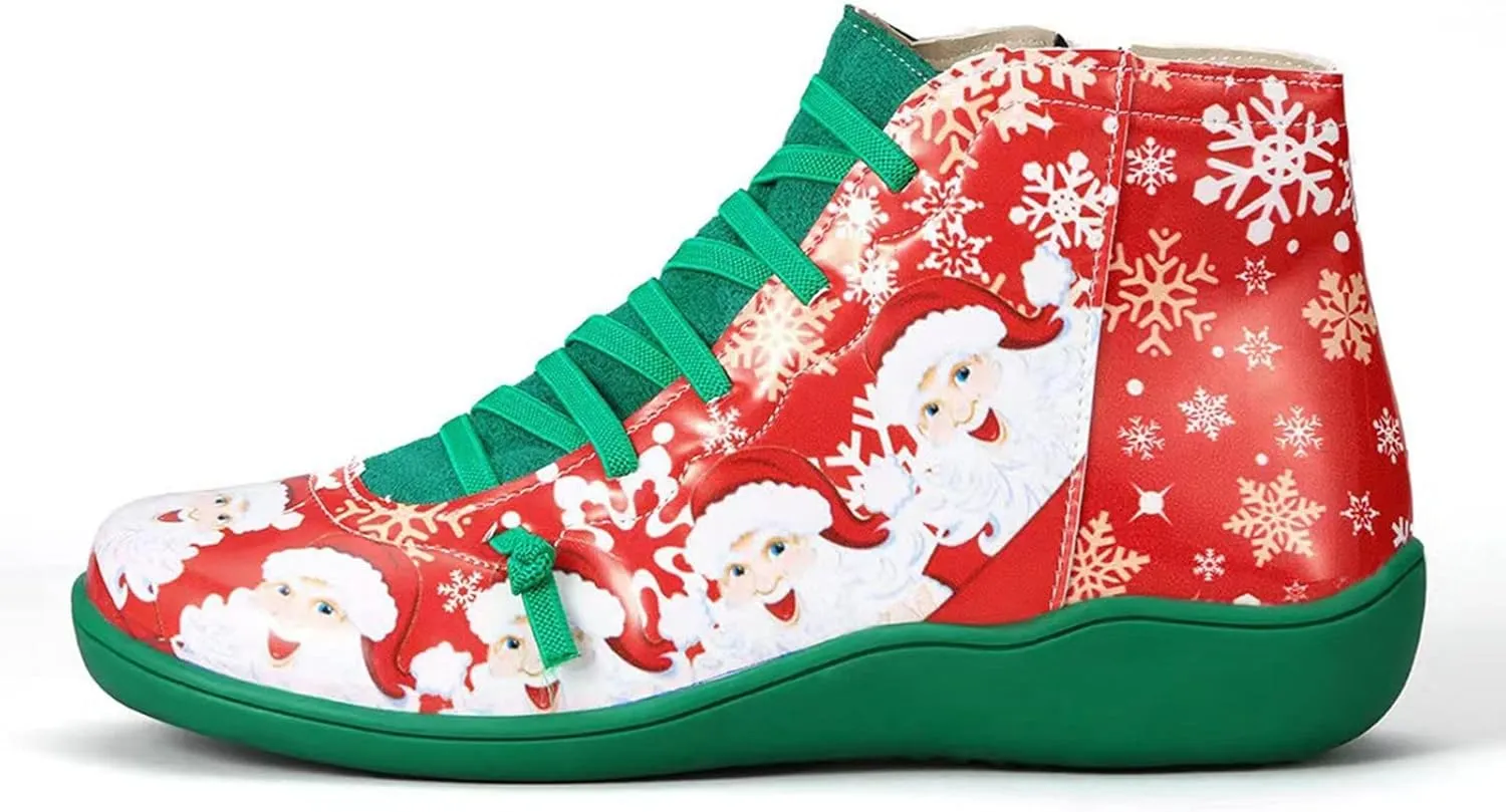 Comfortable Short Shoes Printing Flat Christmas Toe Women Booties Women Trainers Sports Running Shoes Causal Travel Walking Flat Shoe Lace-up Breathable