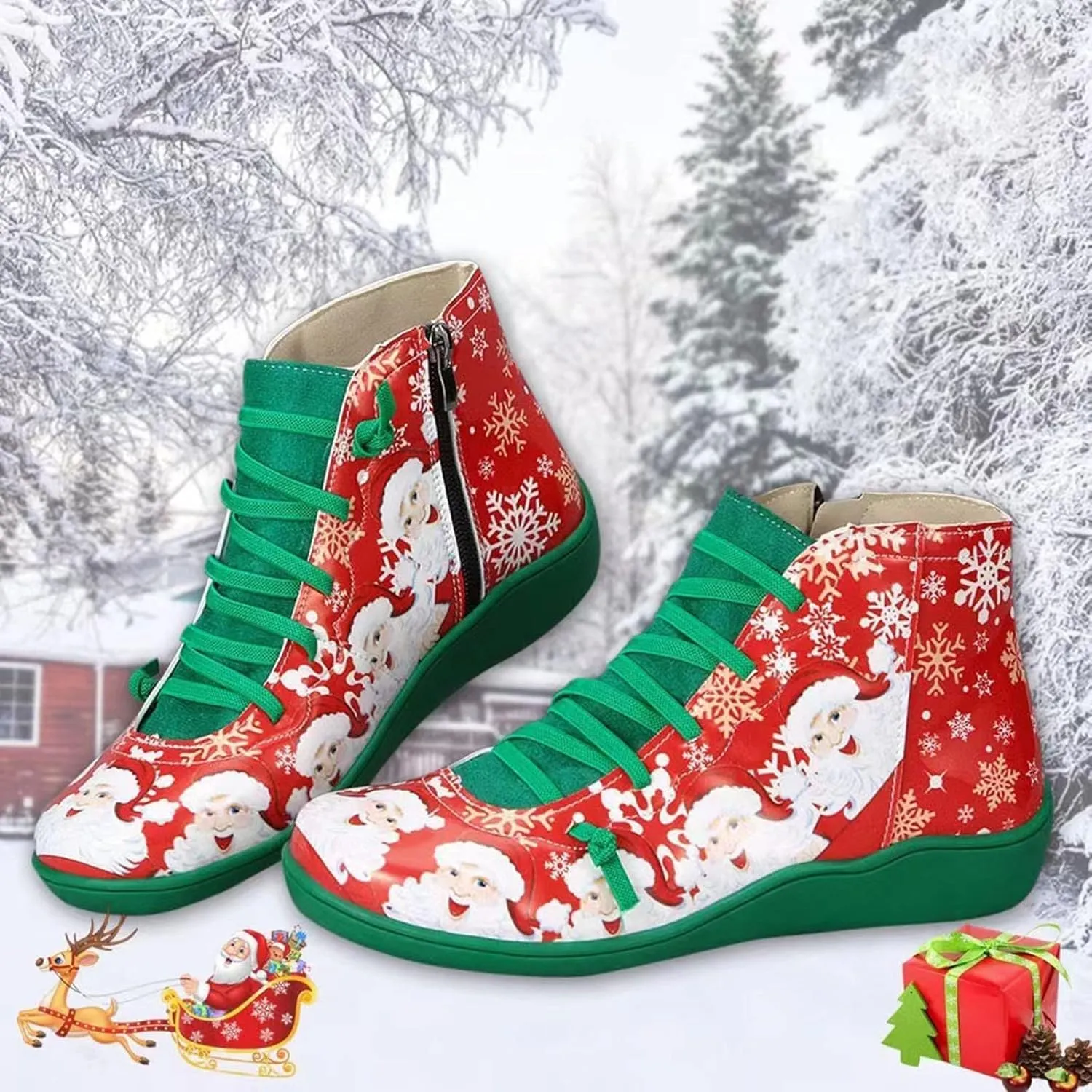 Comfortable Short Shoes Printing Flat Christmas Toe Women Booties Women Trainers Sports Running Shoes Causal Travel Walking Flat Shoe Lace-up Breathable