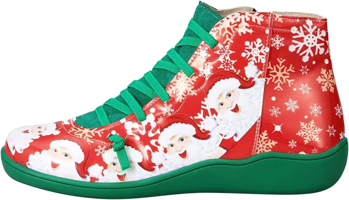 Comfortable Short Shoes Printing Flat Christmas Toe Women Booties Women Trainers Sports Running Shoes Causal Travel Walking Flat Shoe Lace-up Breathable