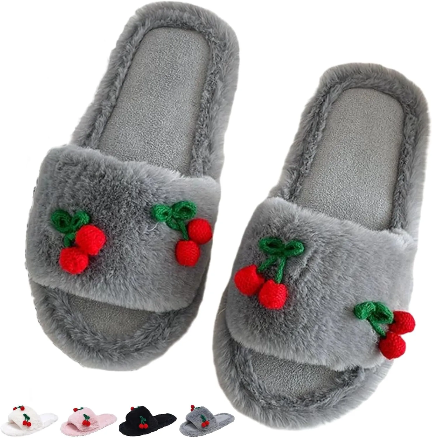 Cute Cherry Slippers for Women Indoor Cozy Soft Fuzzy House Slipper Winter Warm Plush Home Bedroom Shoes Slip On Lightweight