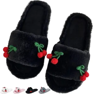 Cute Cherry Slippers for Women Indoor Cozy Soft Fuzzy House Slipper Winter Warm Plush Home Bedroom Shoes Slip On Lightweight