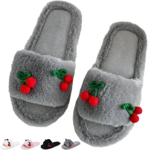 Cute Cherry Slippers for Women Indoor Cozy Soft Fuzzy House Slipper Winter Warm Plush Home Bedroom Shoes Slip On Lightweight
