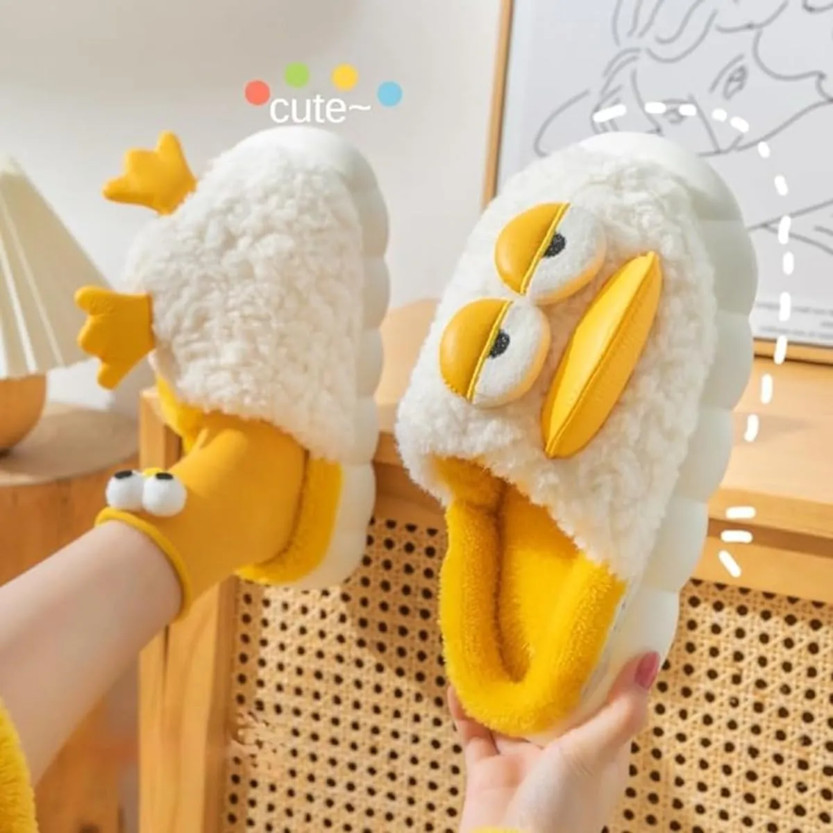 Cute Duck Furry Animal Slippers for Women Men Warm Fluffy Soft House Slippers Indoor Outdoor