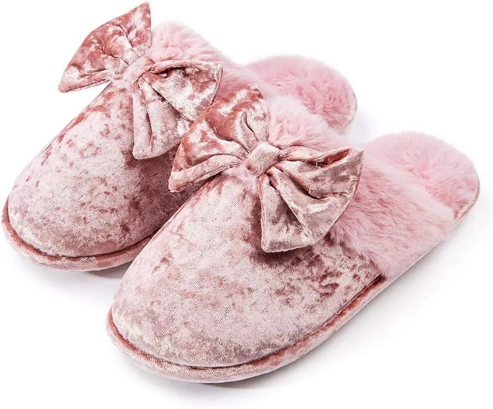 DL Womens Fluffy Velvet Slip on Scuff Slippers for Women Indoor, Warm Furry Ladies Bedroom Slippers with Non Slip Outsole Pink Gray Size 5-6, 7-8, 9-10
