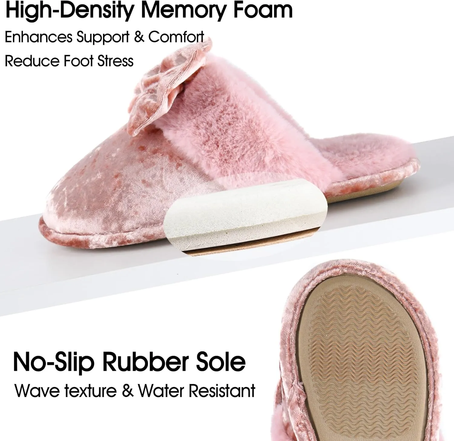 DL Womens Fluffy Velvet Slip on Scuff Slippers for Women Indoor, Warm Furry Ladies Bedroom Slippers with Non Slip Outsole Pink Gray Size 5-6, 7-8, 9-10