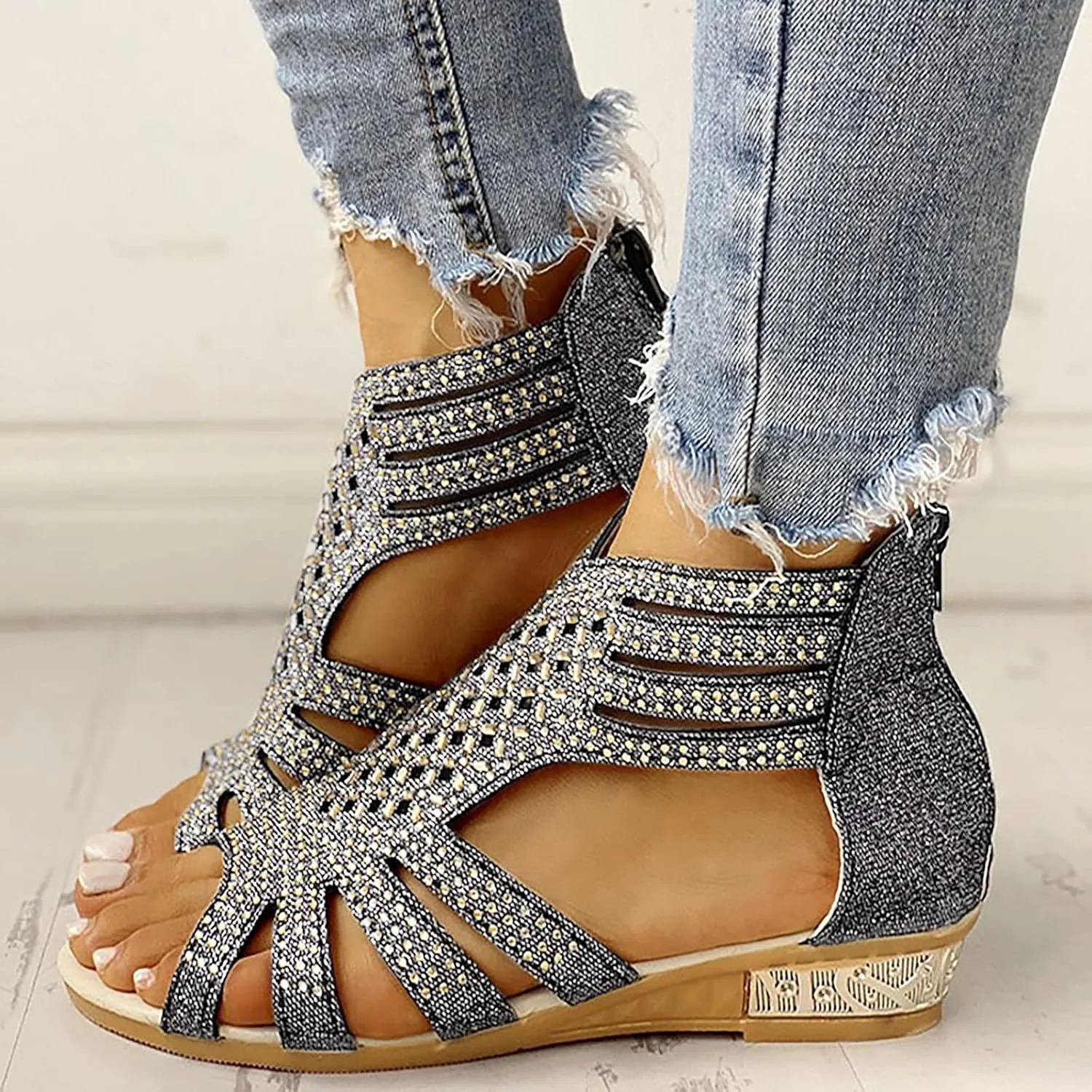 Eduavar Womens Sandals Casual Rhinestones Vintage Roman Shoes Wedge Hollowed Out Open Toe Beach Casual Sandals Back Zipper