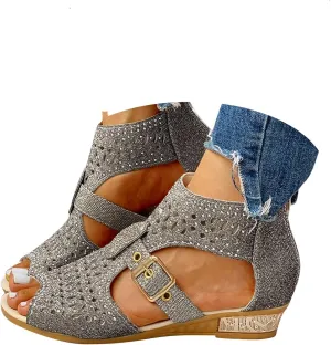 Eduavar Womens Sandals Casual Rhinestones Vintage Roman Shoes Wedge Hollowed Out Open Toe Beach Casual Sandals Back Zipper