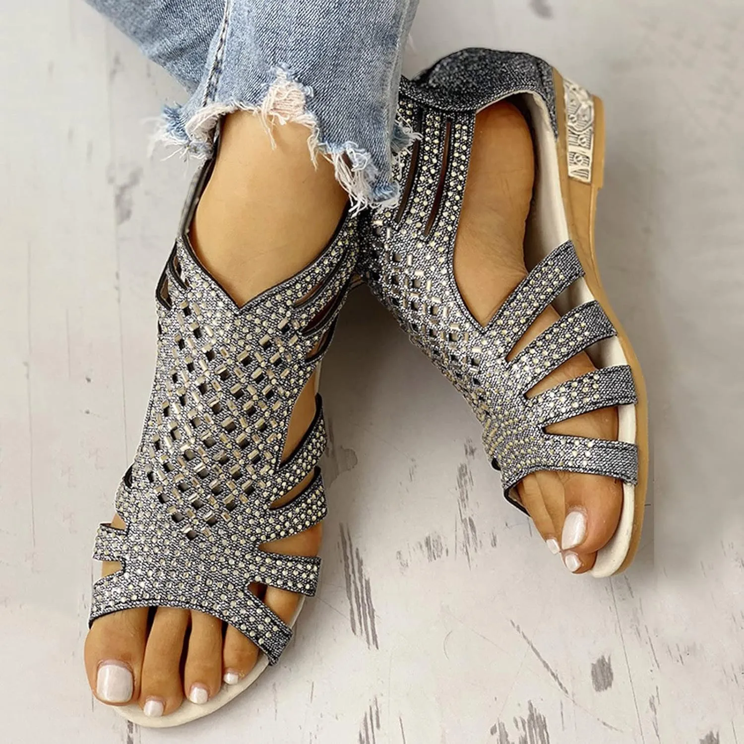 Eduavar Womens Sandals Casual Rhinestones Vintage Roman Shoes Wedge Hollowed Out Open Toe Beach Casual Sandals Back Zipper