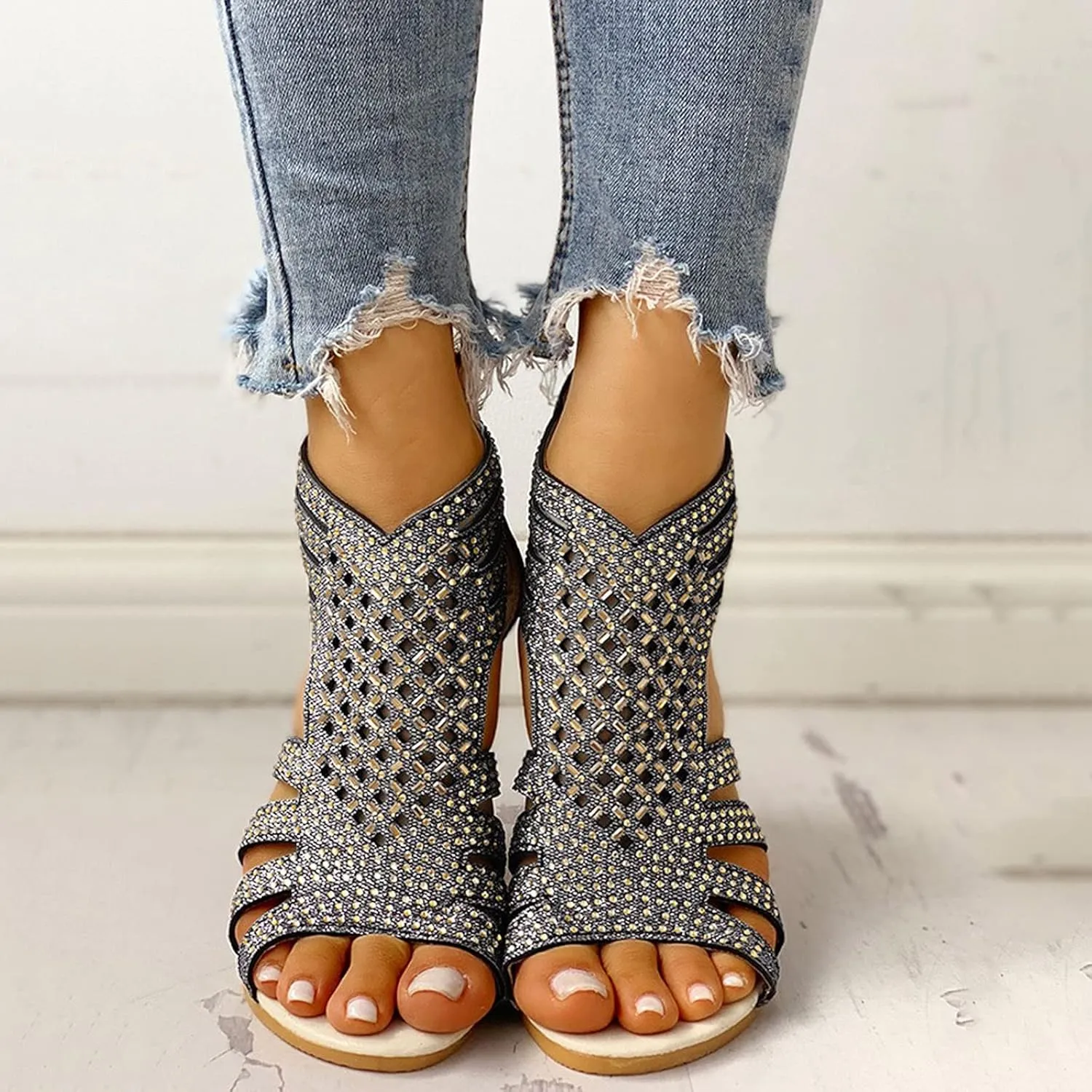 Eduavar Womens Sandals Casual Rhinestones Vintage Roman Shoes Wedge Hollowed Out Open Toe Beach Casual Sandals Back Zipper