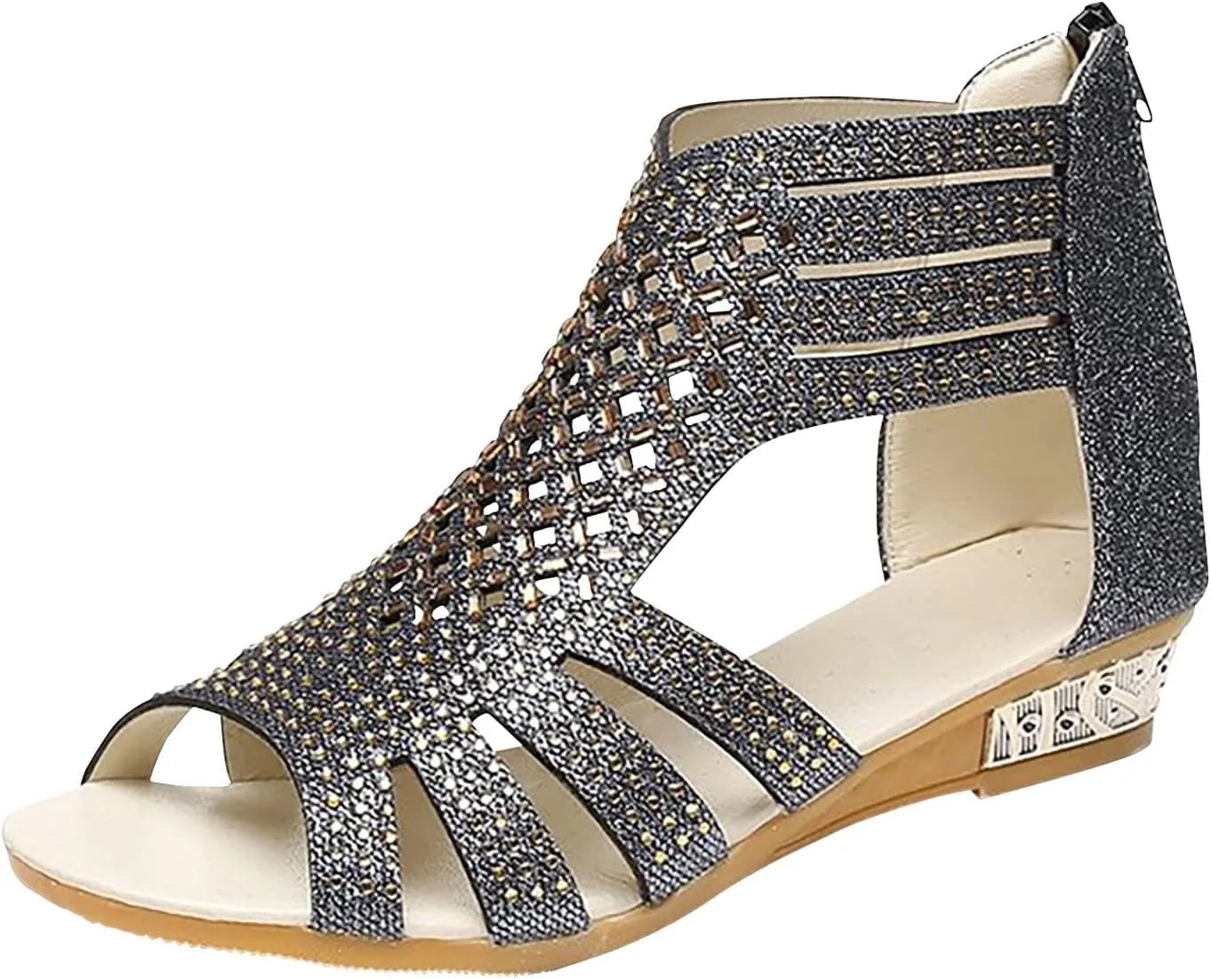 Eduavar Womens Sandals Casual Rhinestones Vintage Roman Shoes Wedge Hollowed Out Open Toe Beach Casual Sandals Back Zipper