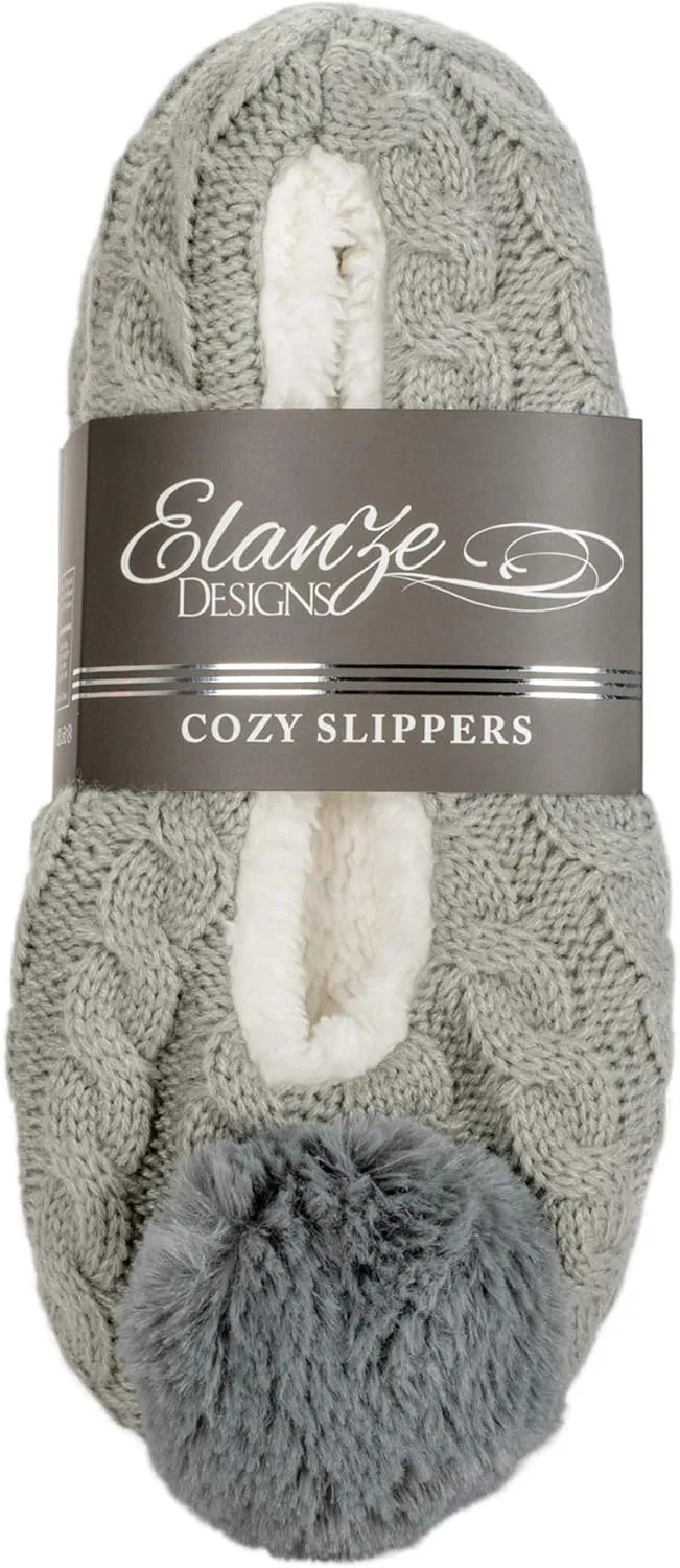 Elanze Designs Ballerina Knit Pom Womens Plush Lined Cozy Non Slip Indoor Soft Slipper