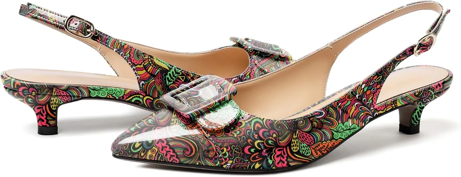 Eldof Kitten Heel Pumps for Women, Pointed Toe Slingback Low Heels, Classic Bow Heels Dress Shoes for Office Wedding Work Evening 1.4 Inches