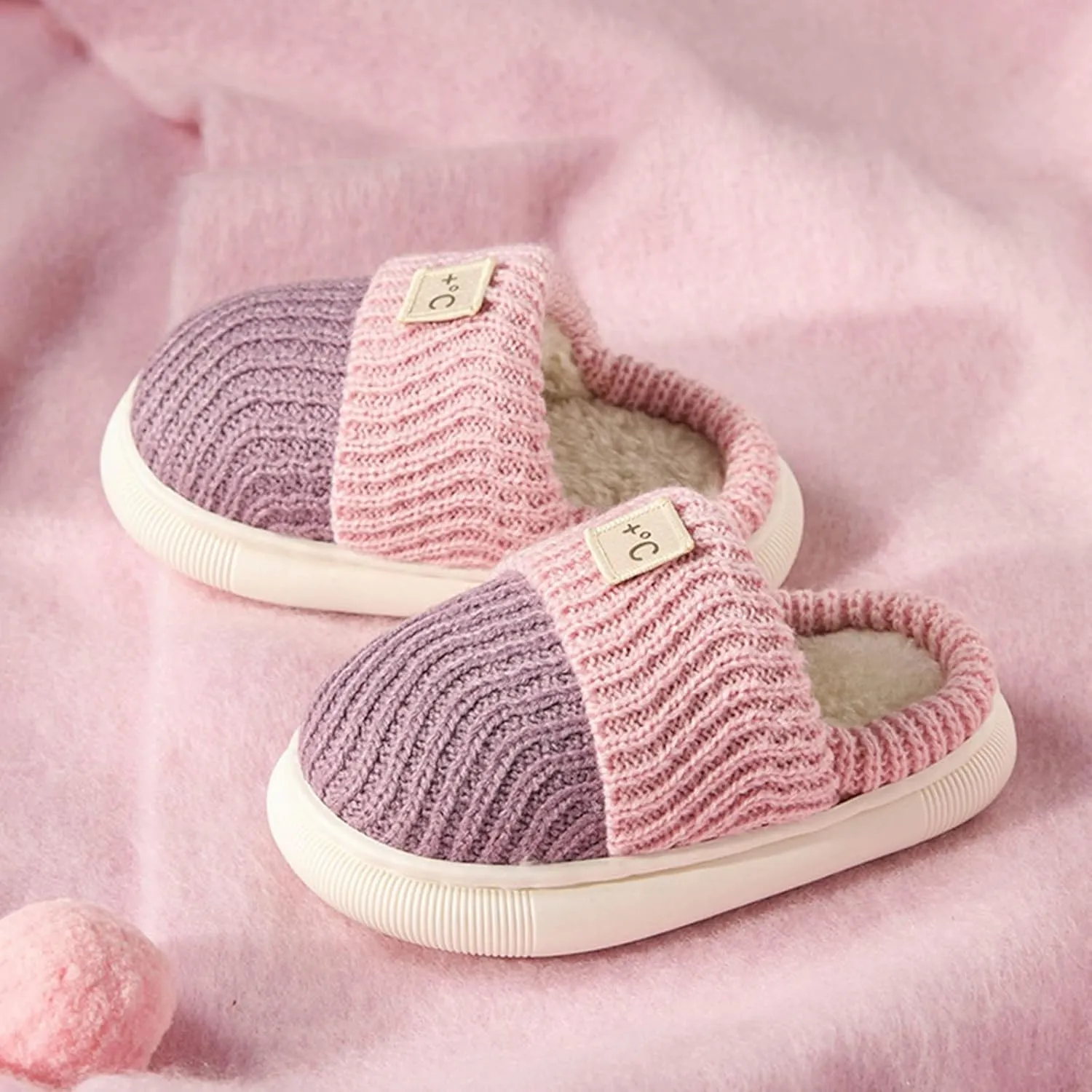 Girls Platform Knit Slippers Cozy Winter Warm Fuzzy Memory Foam Slip-On Plush House Slides Shoes Kids Boys Indoor Flat