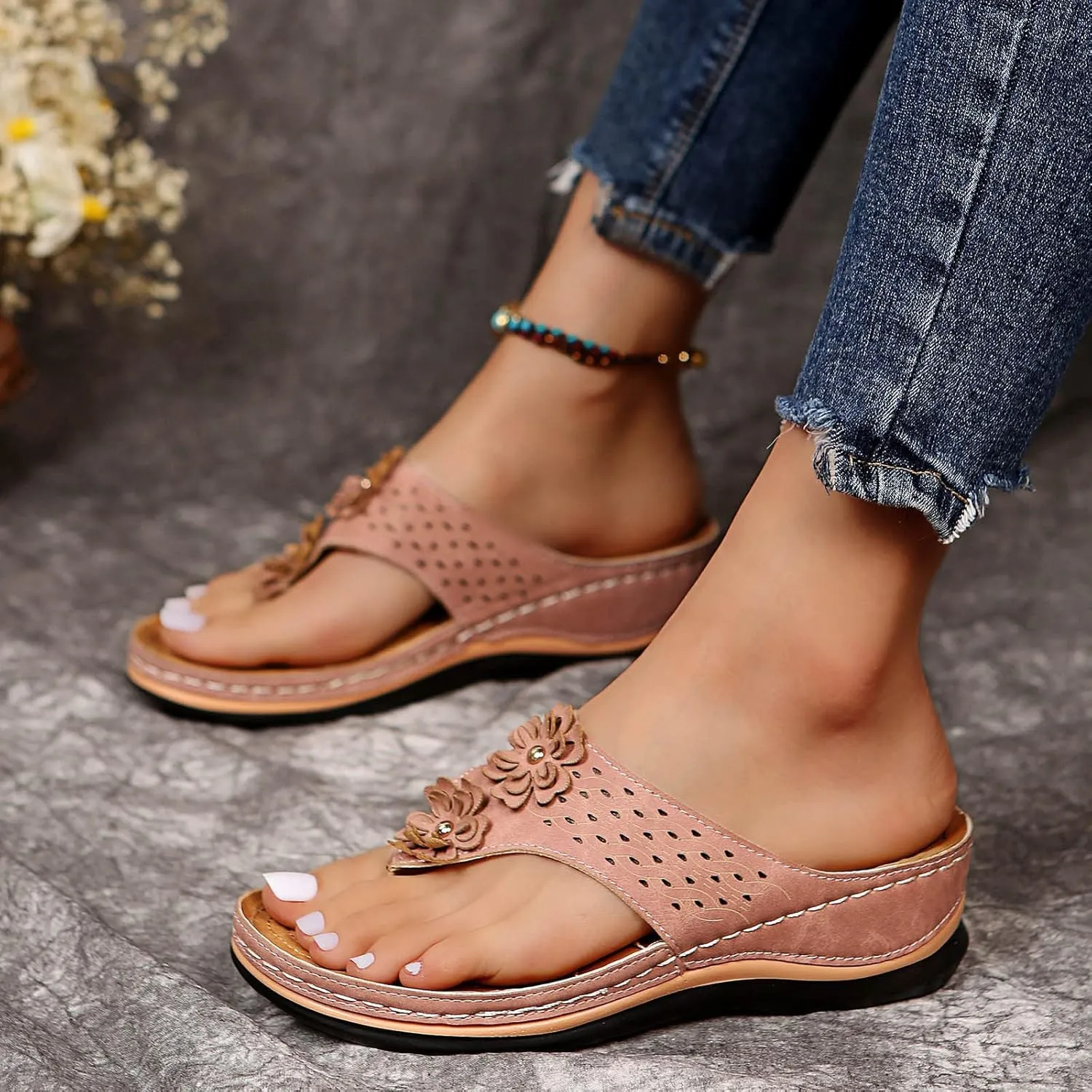 Hbeylia Orthopedic Sandals For Women Flip Flops Womens Sandals with Arch Support Ladies Casual Platform Wedge Comfortable Walking Wide Sandals Dressy Summer Slip on Thong Sandals
