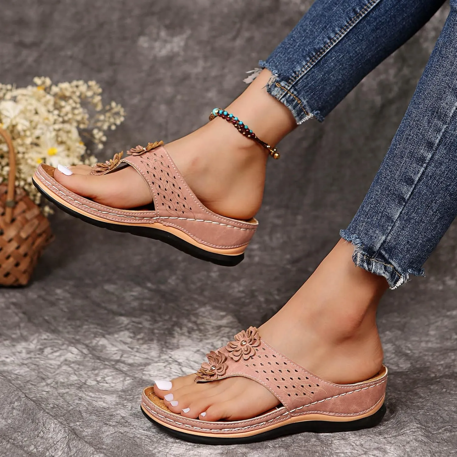 Hbeylia Orthopedic Sandals For Women Flip Flops Womens Sandals with Arch Support Ladies Casual Platform Wedge Comfortable Walking Wide Sandals Dressy Summer Slip on Thong Sandals