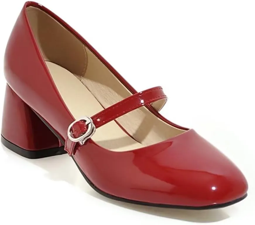Hee grand Vintage Mary Jane Shoes Chunky Heels for Women Square Toe Adjustable Strap Pump PU Leather Brogue Work Heels Dress Shoes