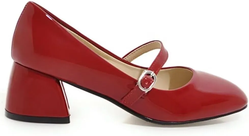 Hee grand Vintage Mary Jane Shoes Chunky Heels for Women Square Toe Adjustable Strap Pump PU Leather Brogue Work Heels Dress Shoes