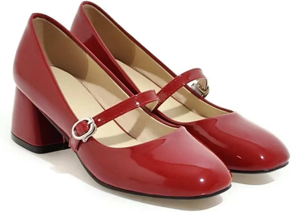 Hee grand Vintage Mary Jane Shoes Chunky Heels for Women Square Toe Adjustable Strap Pump PU Leather Brogue Work Heels Dress Shoes